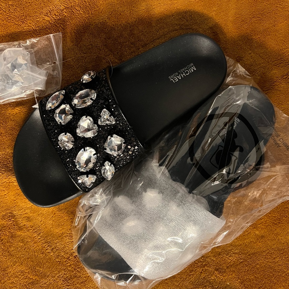 Michael Kors Gilmore slide, black and rhinestone.  Size 8, NIB